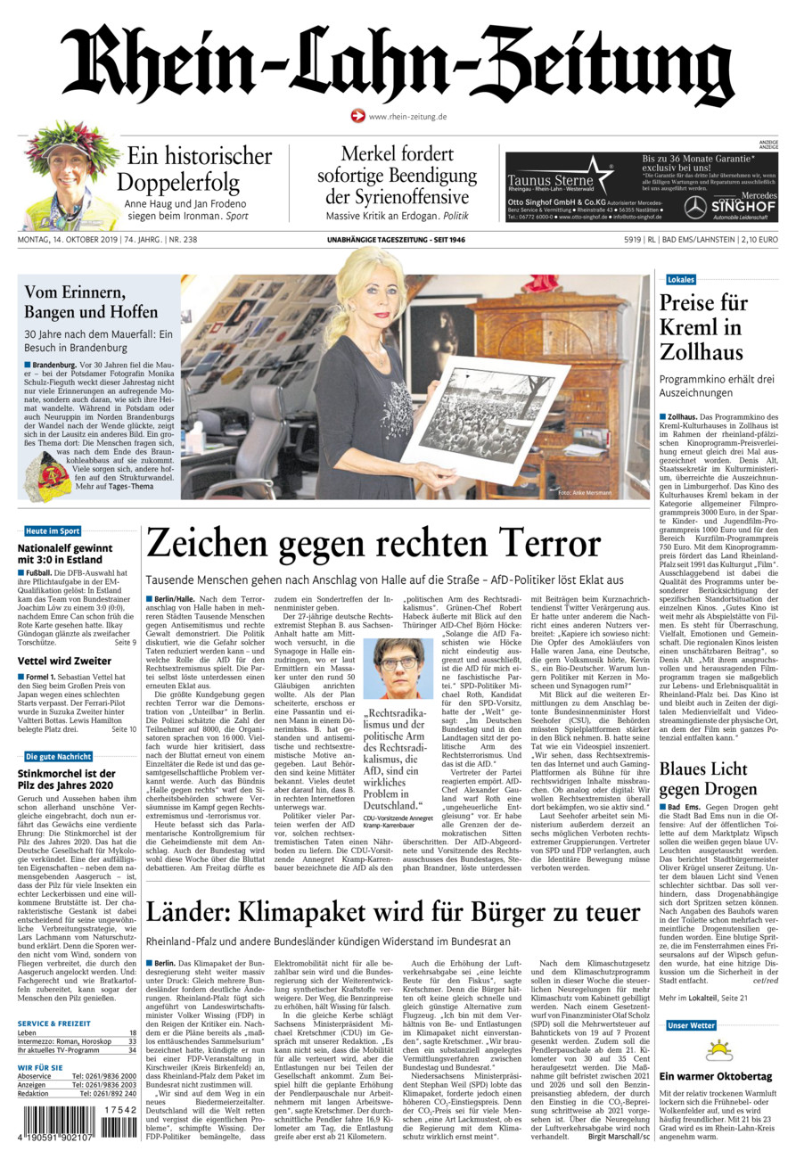 Rhein-Lahn-Zeitung vom Montag, 14.10.2019
