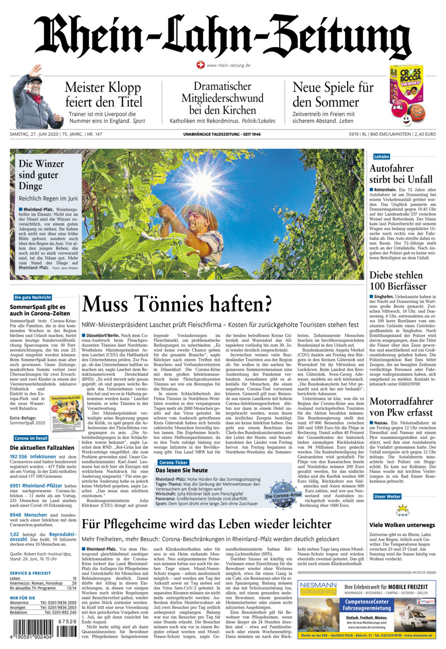 Rhein-Lahn-Zeitung vom Samstag, 27.06.2020