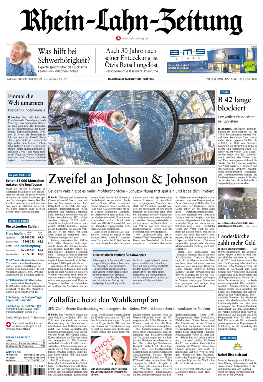 Rhein-Lahn-Zeitung vom Samstag, 18.09.2021