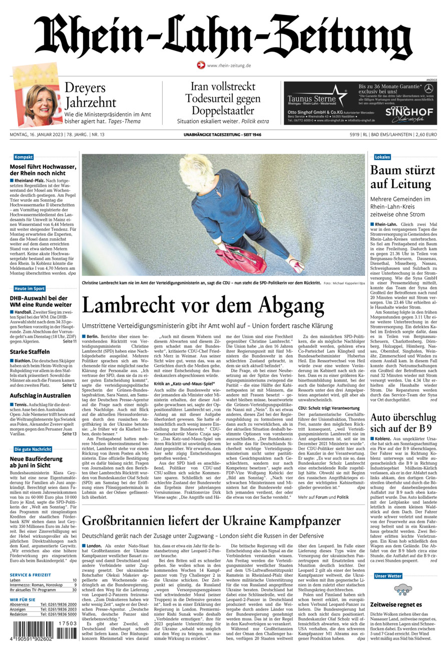 Rhein-Lahn-Zeitung vom Montag, 16.01.2023