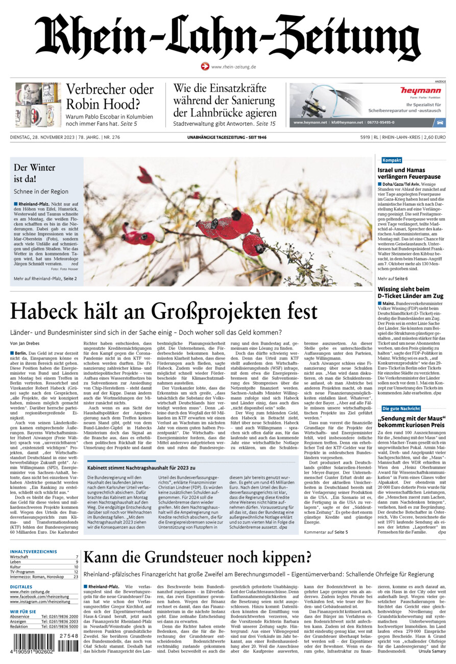 Rhein-Lahn-Zeitung vom Dienstag, 28.11.2023