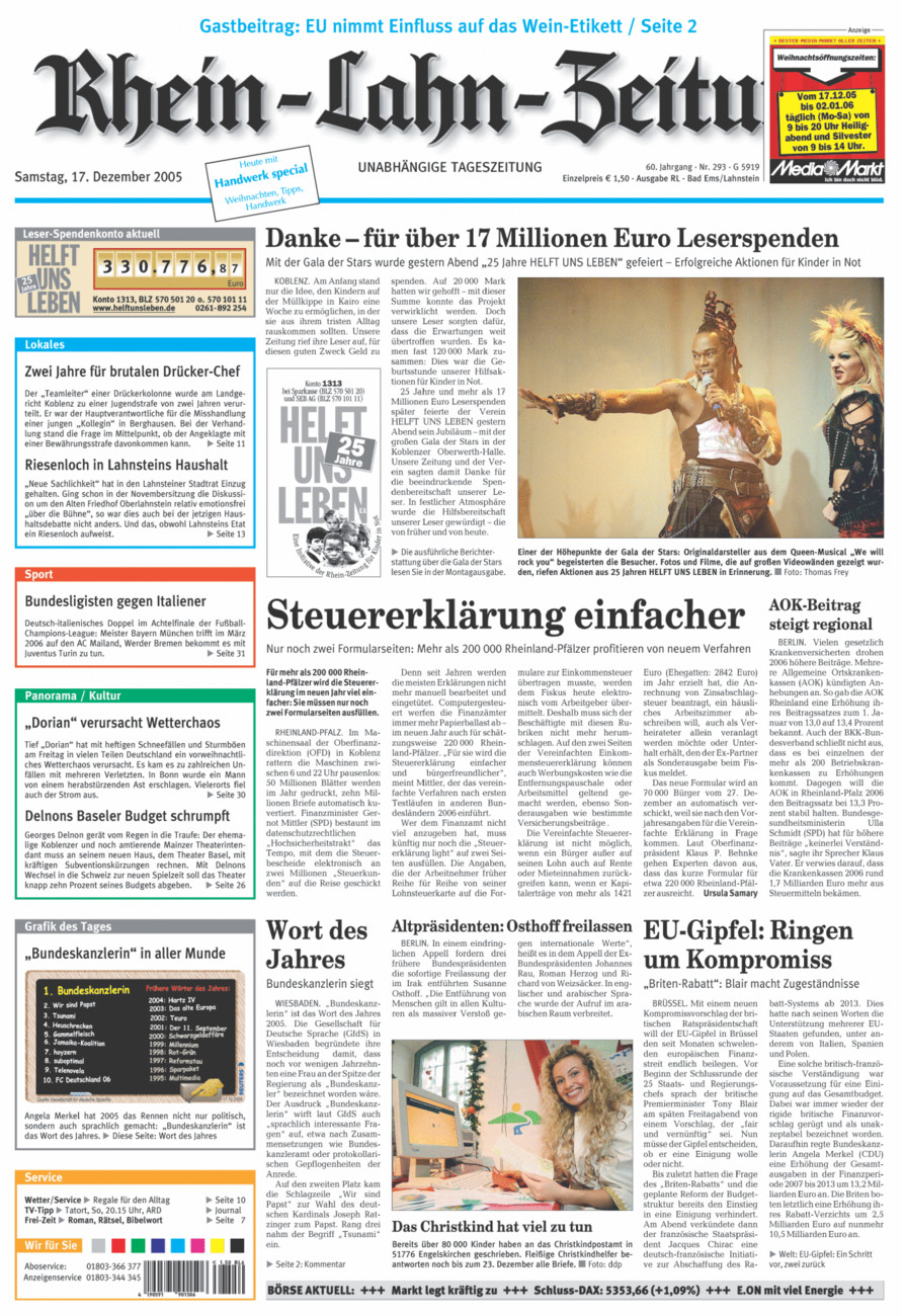 Rhein-Lahn-Zeitung vom Samstag, 17.12.2005