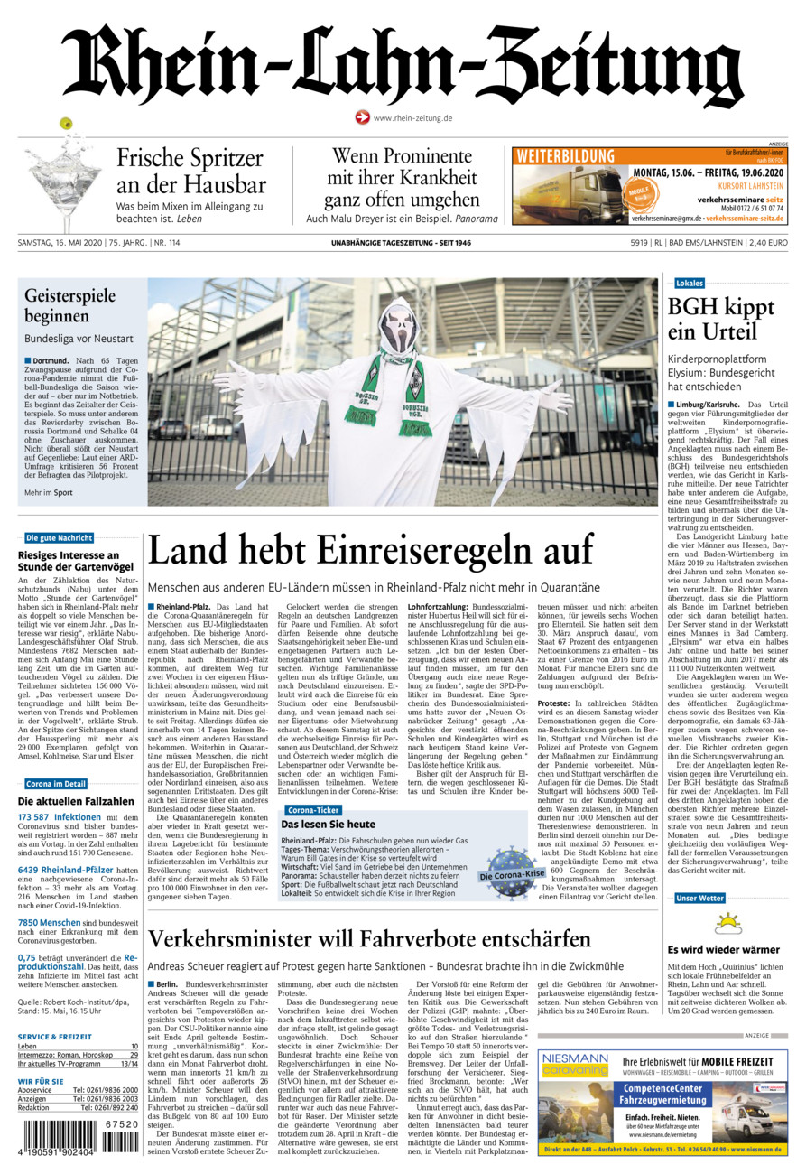 Rhein-Lahn-Zeitung vom Samstag, 16.05.2020