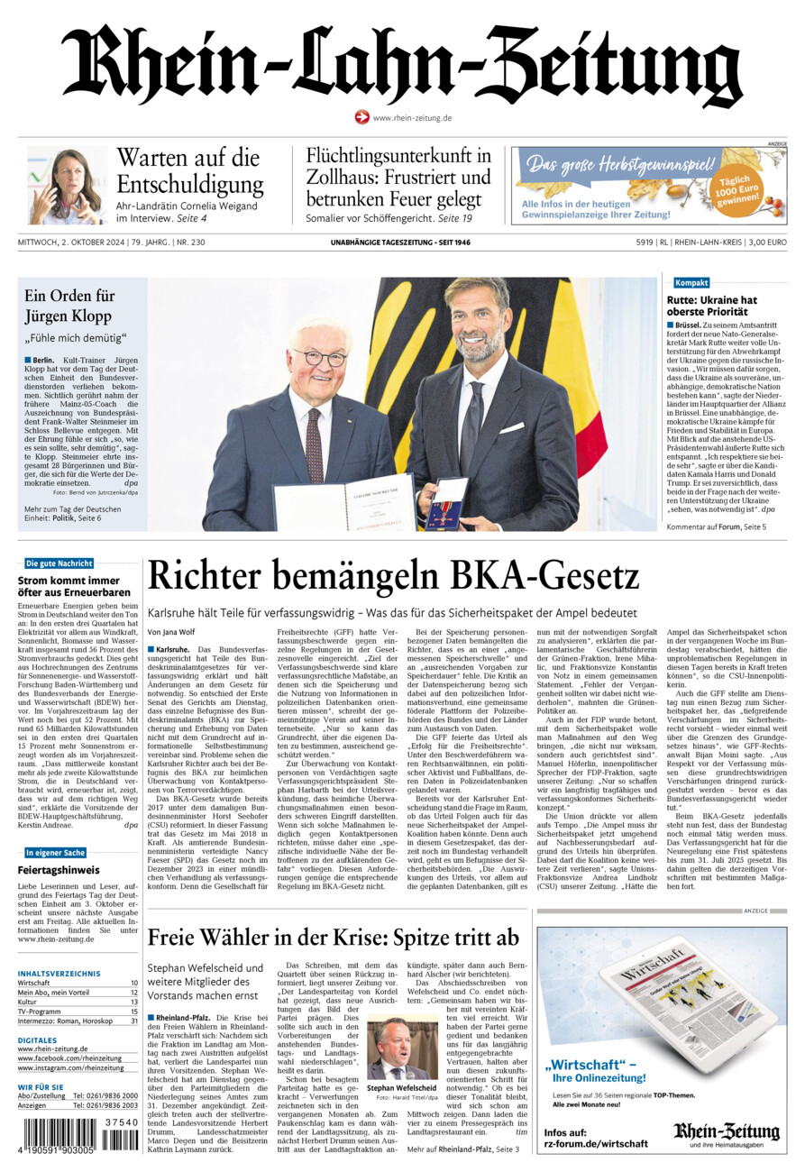 Rhein-Lahn-Zeitung vom Mittwoch, 02.10.2024