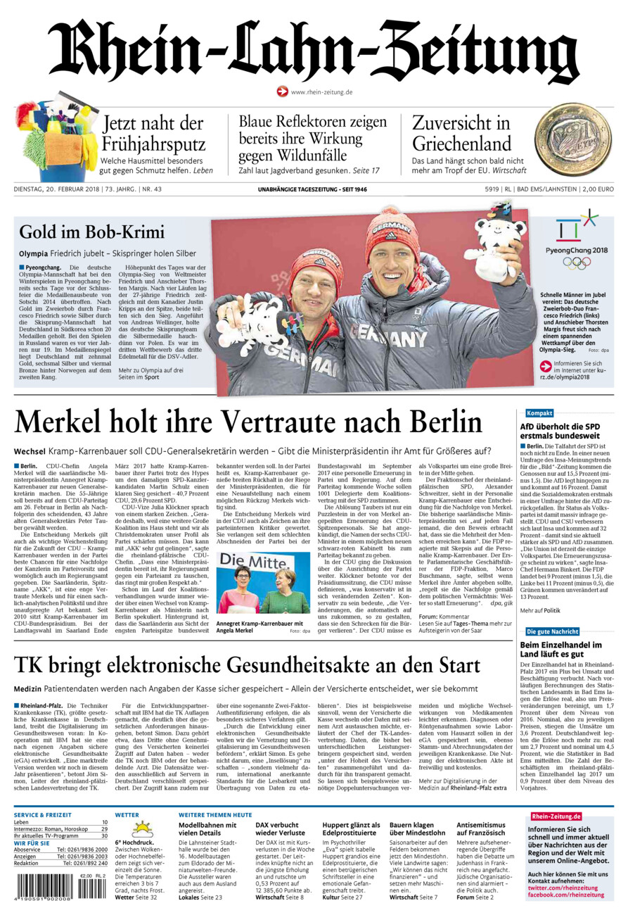 Rhein-Lahn-Zeitung vom Dienstag, 20.02.2018