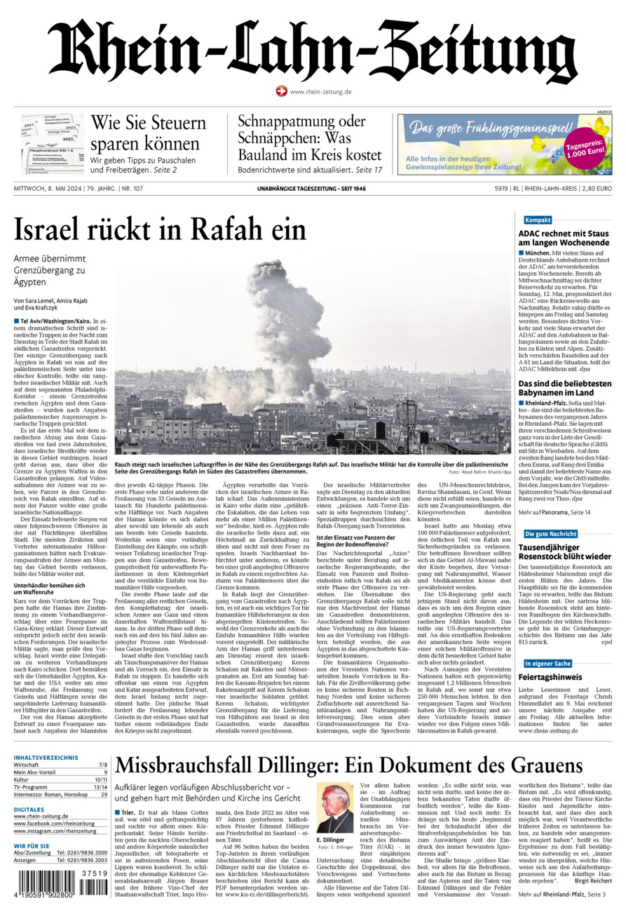 Rhein-Lahn-Zeitung vom Mittwoch, 08.05.2024