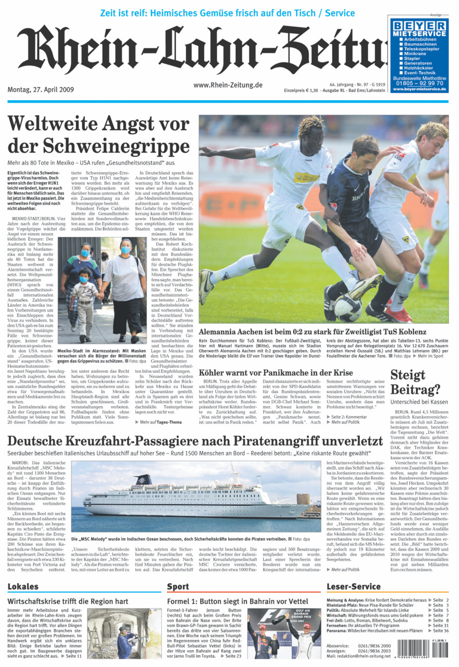 Rhein-Lahn-Zeitung vom Montag, 27.04.2009