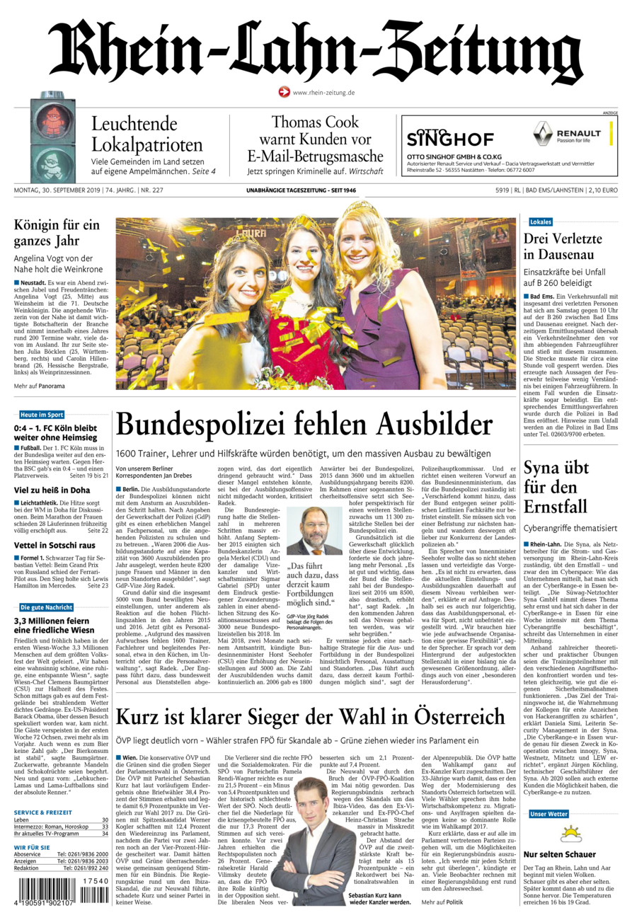 Rhein-Lahn-Zeitung vom Montag, 30.09.2019