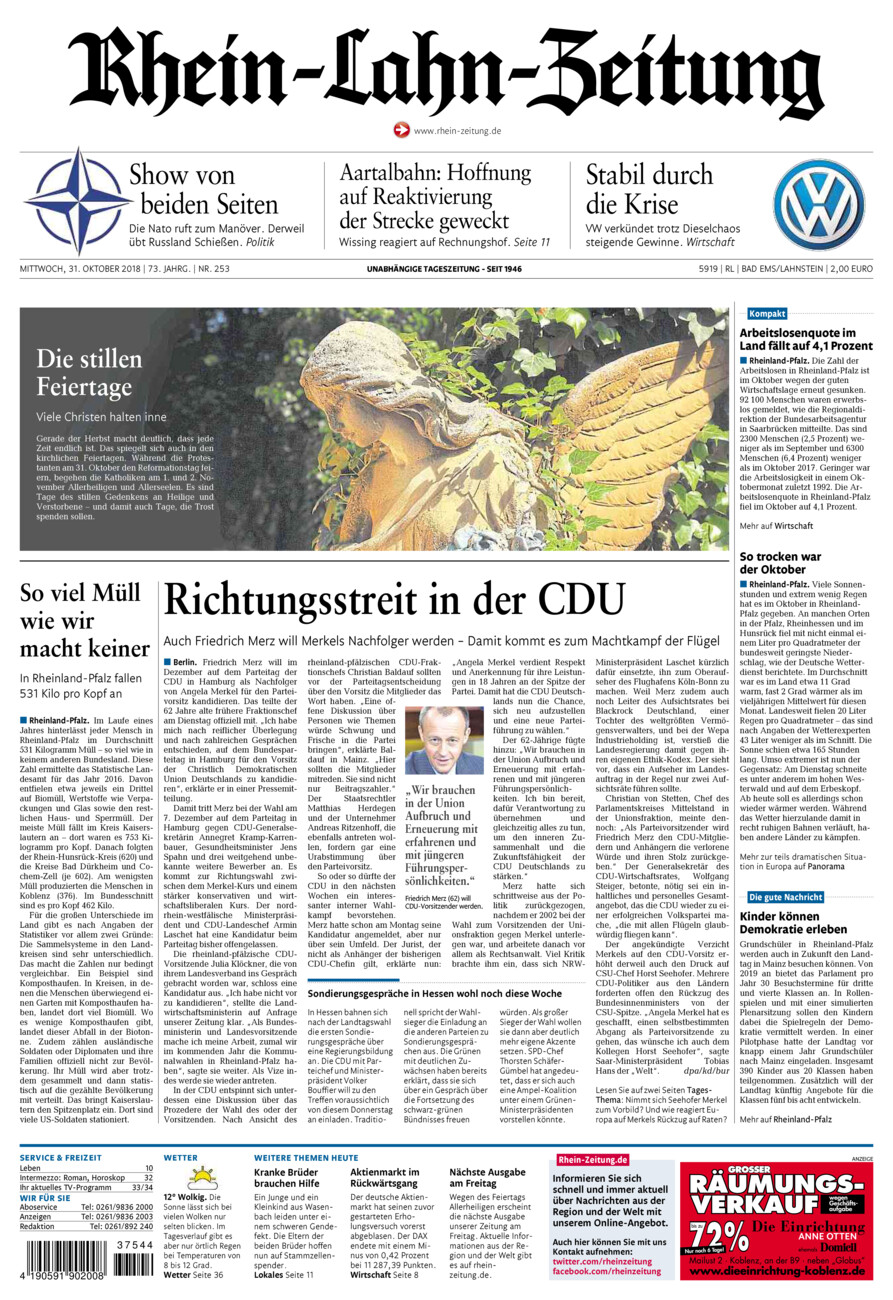 Rhein-Lahn-Zeitung vom Mittwoch, 31.10.2018