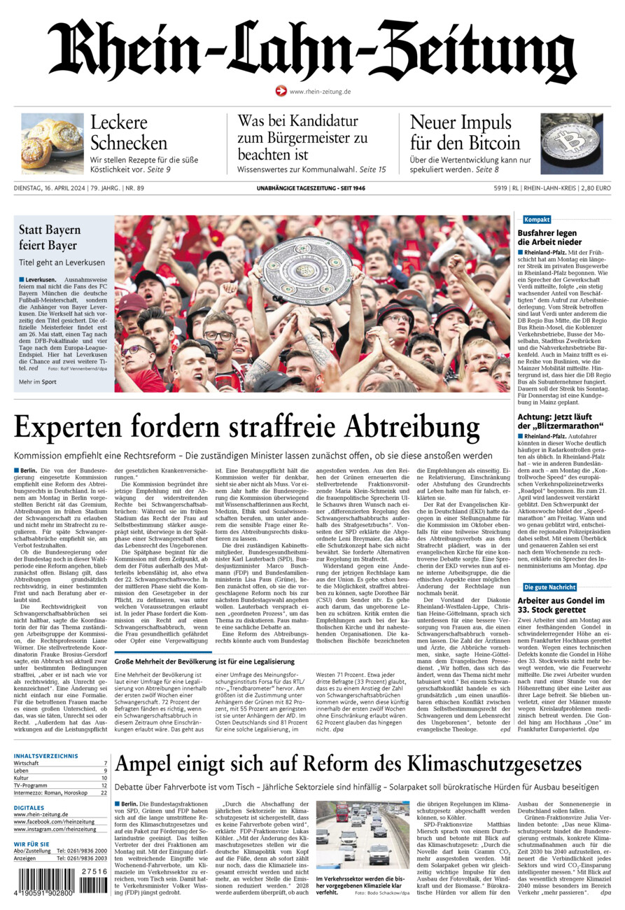 Rhein-Lahn-Zeitung vom Dienstag, 16.04.2024