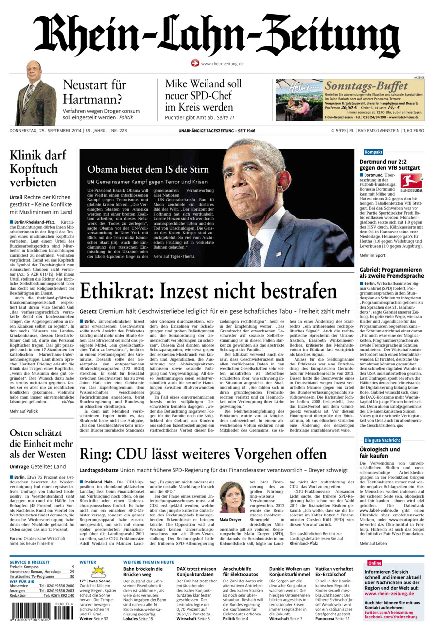 Rhein-Lahn-Zeitung vom Donnerstag, 25.09.2014