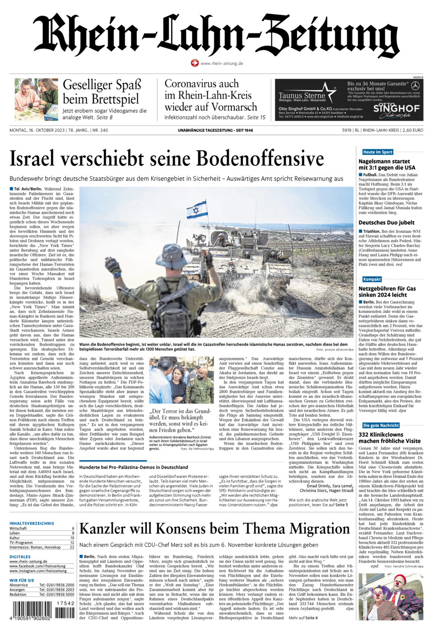 Rhein-Lahn-Zeitung vom Montag, 16.10.2023