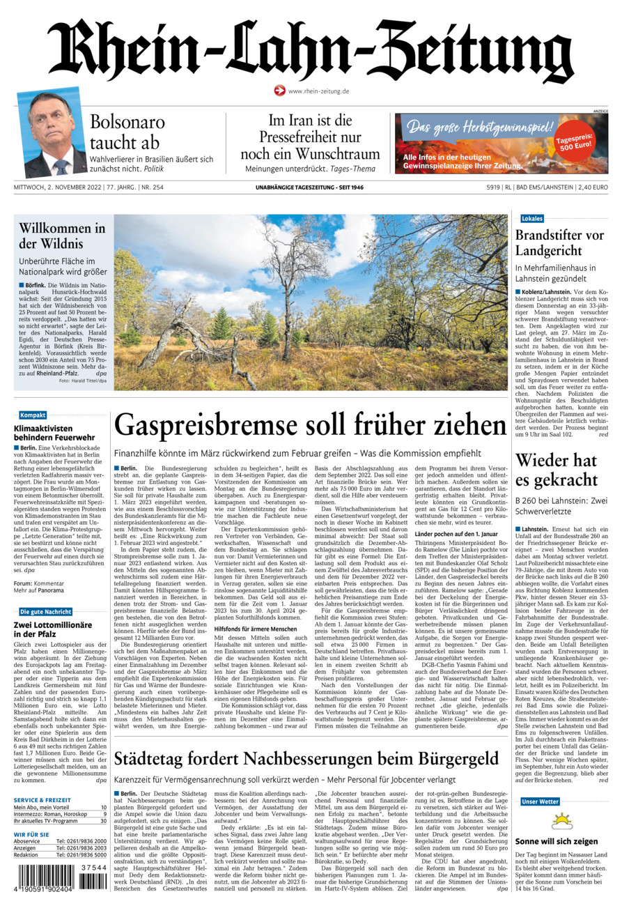 Rhein-Lahn-Zeitung vom Mittwoch, 02.11.2022