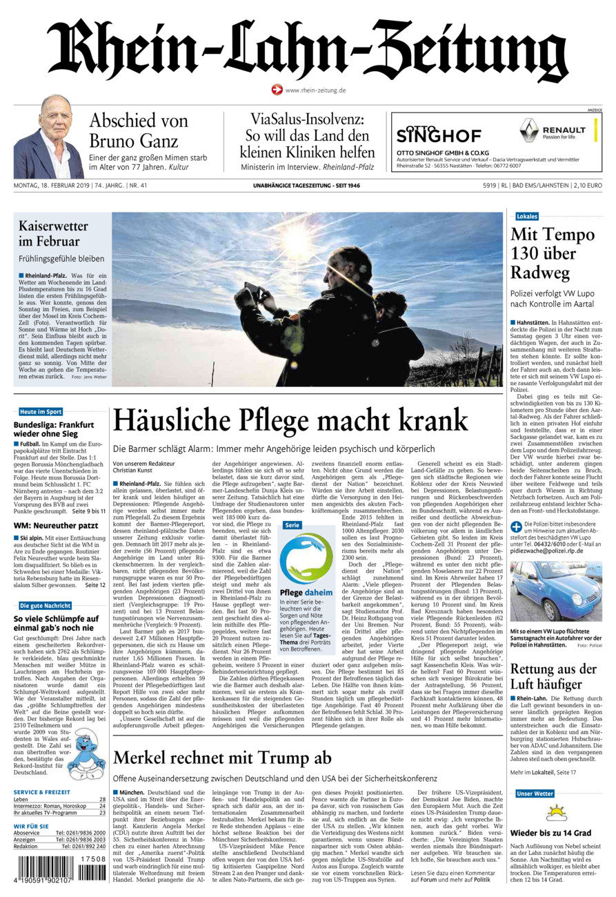 Rhein-Lahn-Zeitung vom Montag, 18.02.2019
