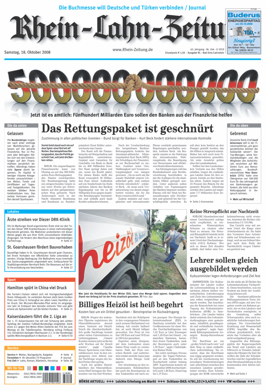 Rhein-Lahn-Zeitung vom Samstag, 18.10.2008