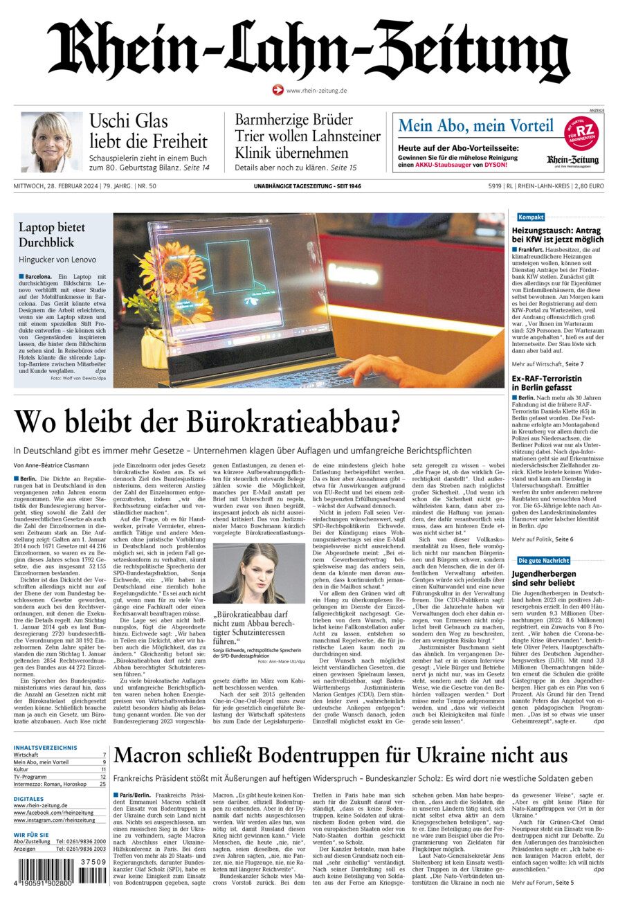 Rhein-Lahn-Zeitung vom Mittwoch, 28.02.2024