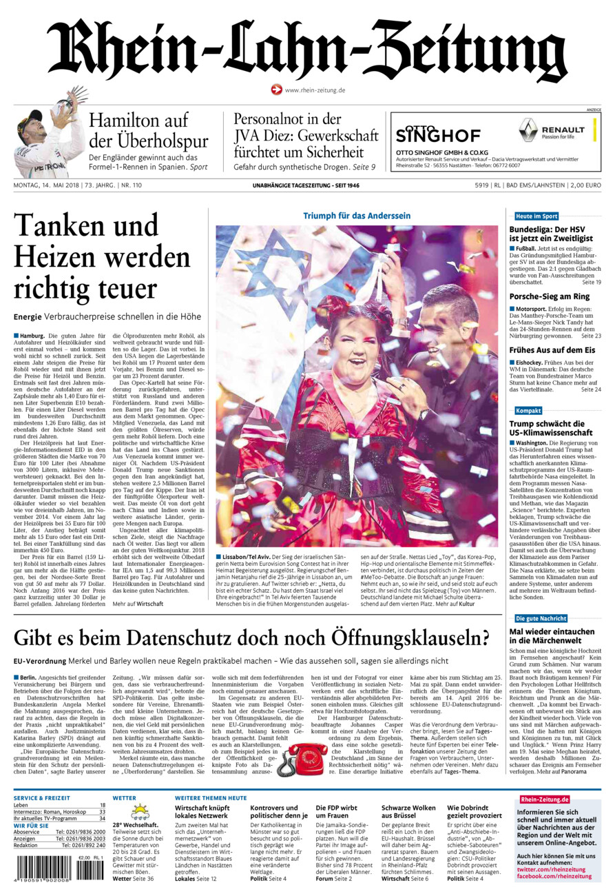 Rhein-Lahn-Zeitung vom Montag, 14.05.2018