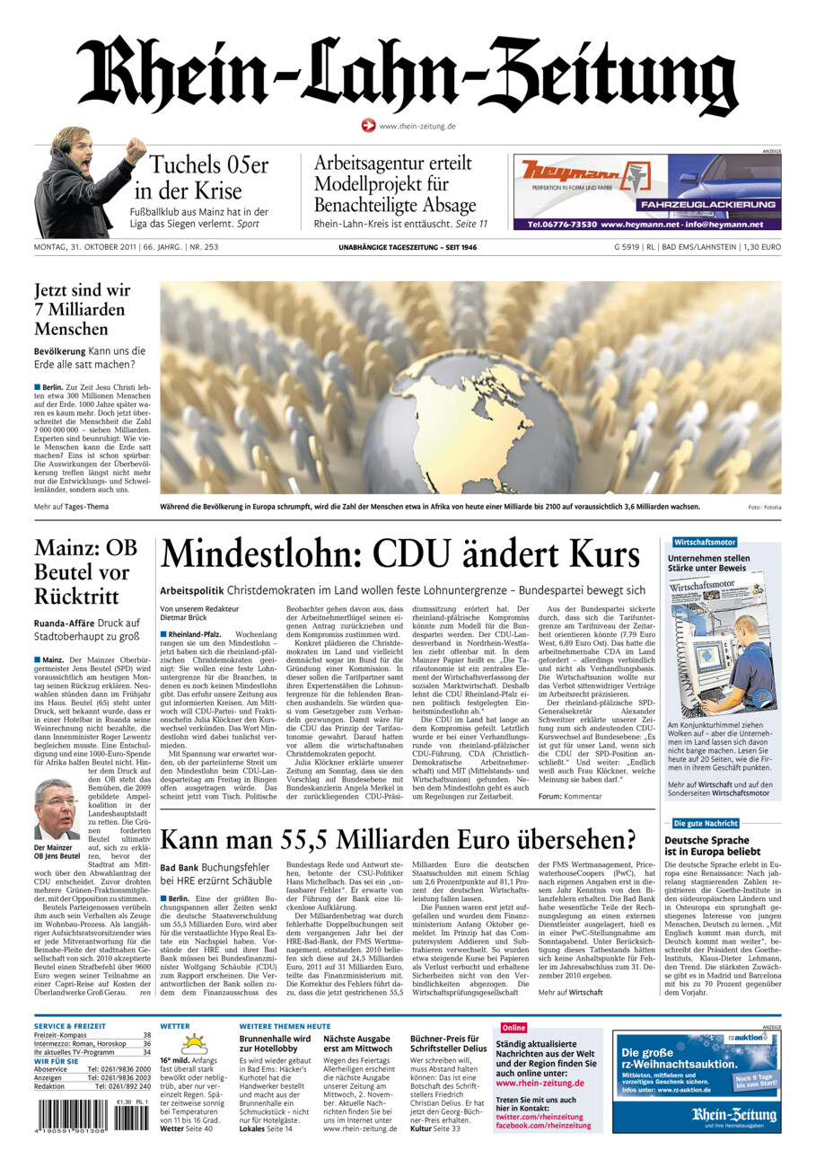 Rhein-Lahn-Zeitung vom Montag, 31.10.2011