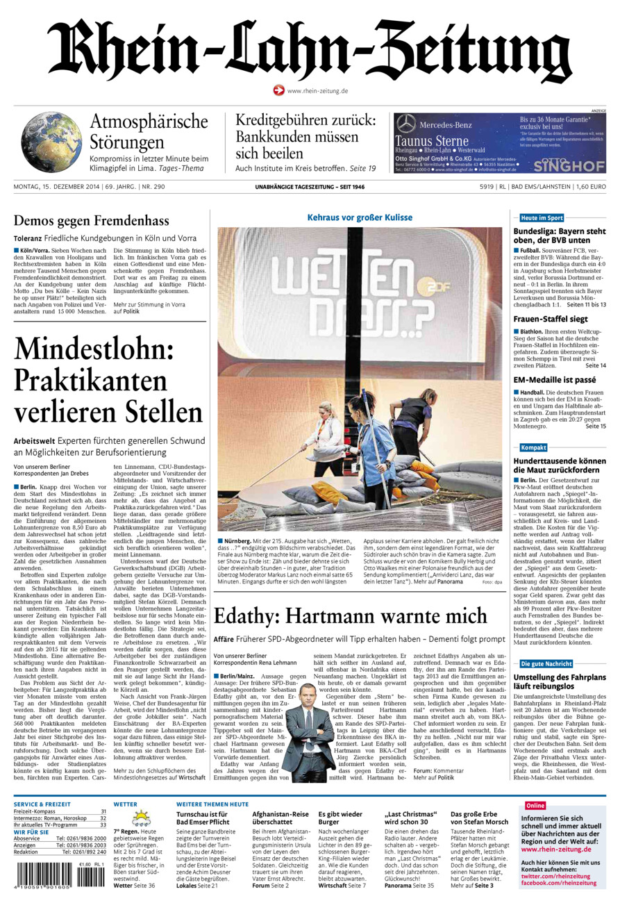 Rhein-Lahn-Zeitung vom Montag, 15.12.2014