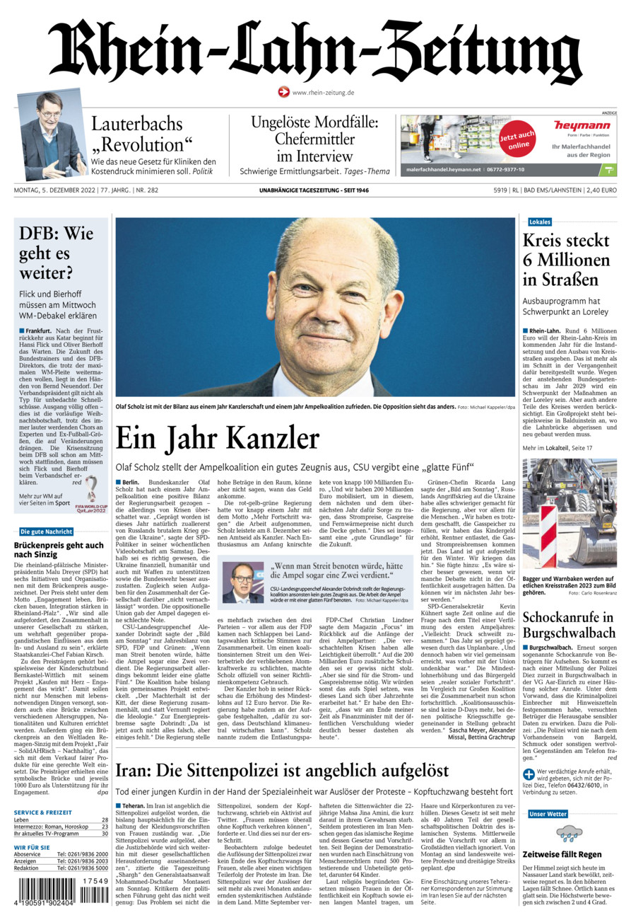 Rhein-Lahn-Zeitung vom Montag, 05.12.2022