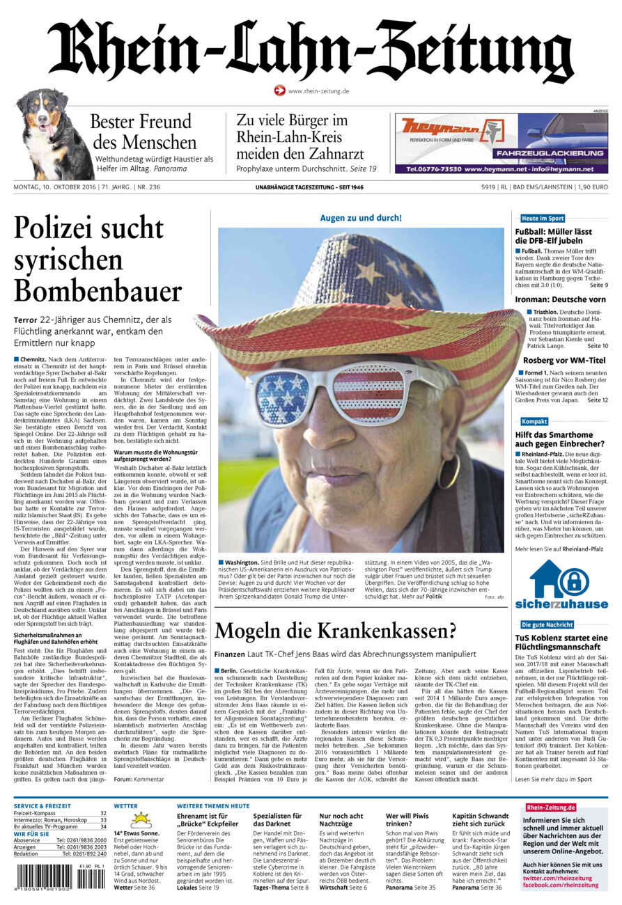 Rhein-Lahn-Zeitung vom Montag, 10.10.2016