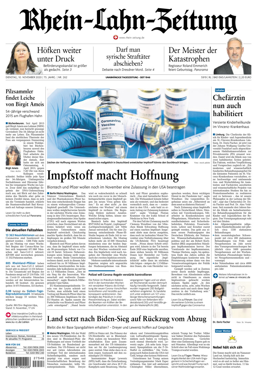 Rhein-Lahn-Zeitung vom Dienstag, 10.11.2020