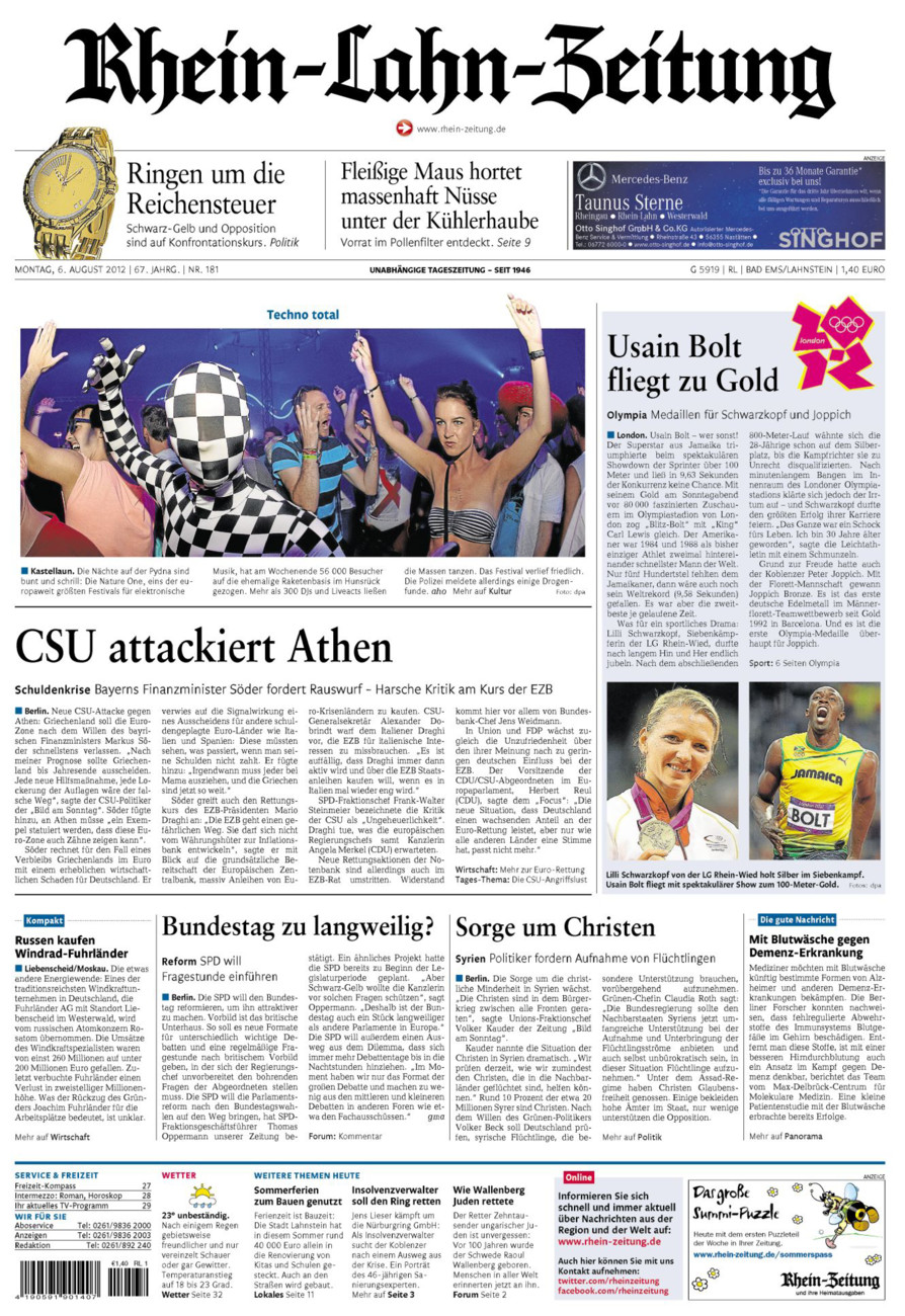 Rhein-Lahn-Zeitung vom Montag, 06.08.2012