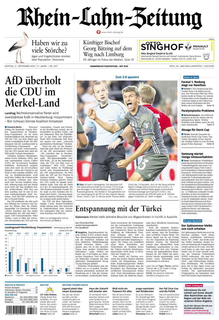 Rhein-Lahn-Zeitung vom Montag, 05.09.2016