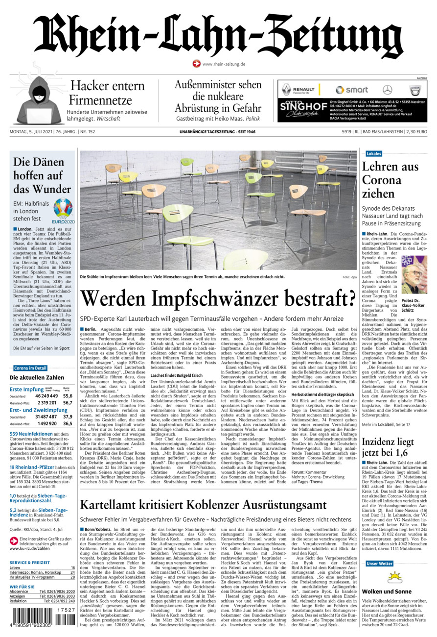 Rhein-Lahn-Zeitung vom Montag, 05.07.2021
