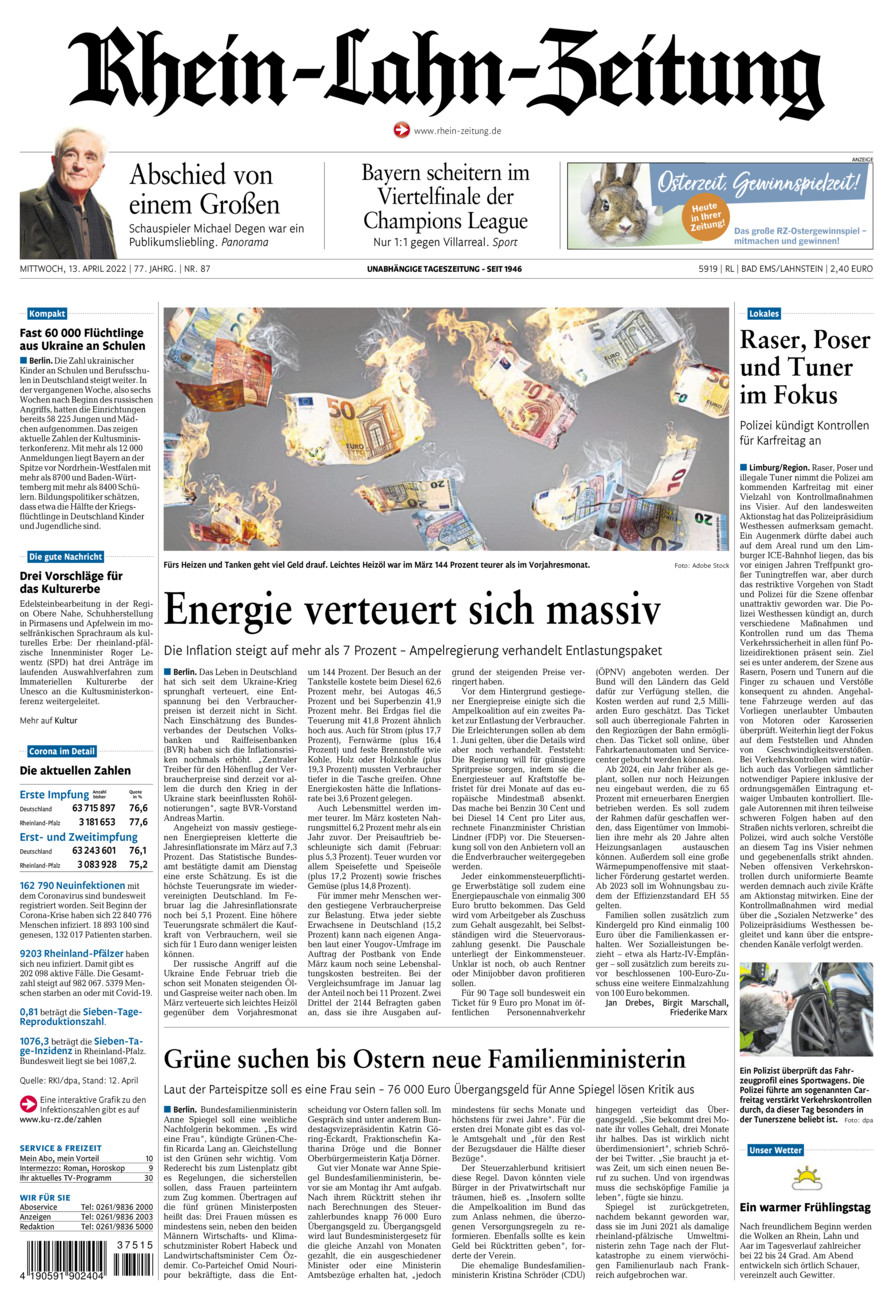 Rhein-Lahn-Zeitung vom Mittwoch, 13.04.2022
