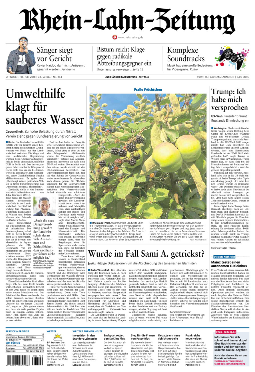 Rhein-Lahn-Zeitung vom Mittwoch, 18.07.2018