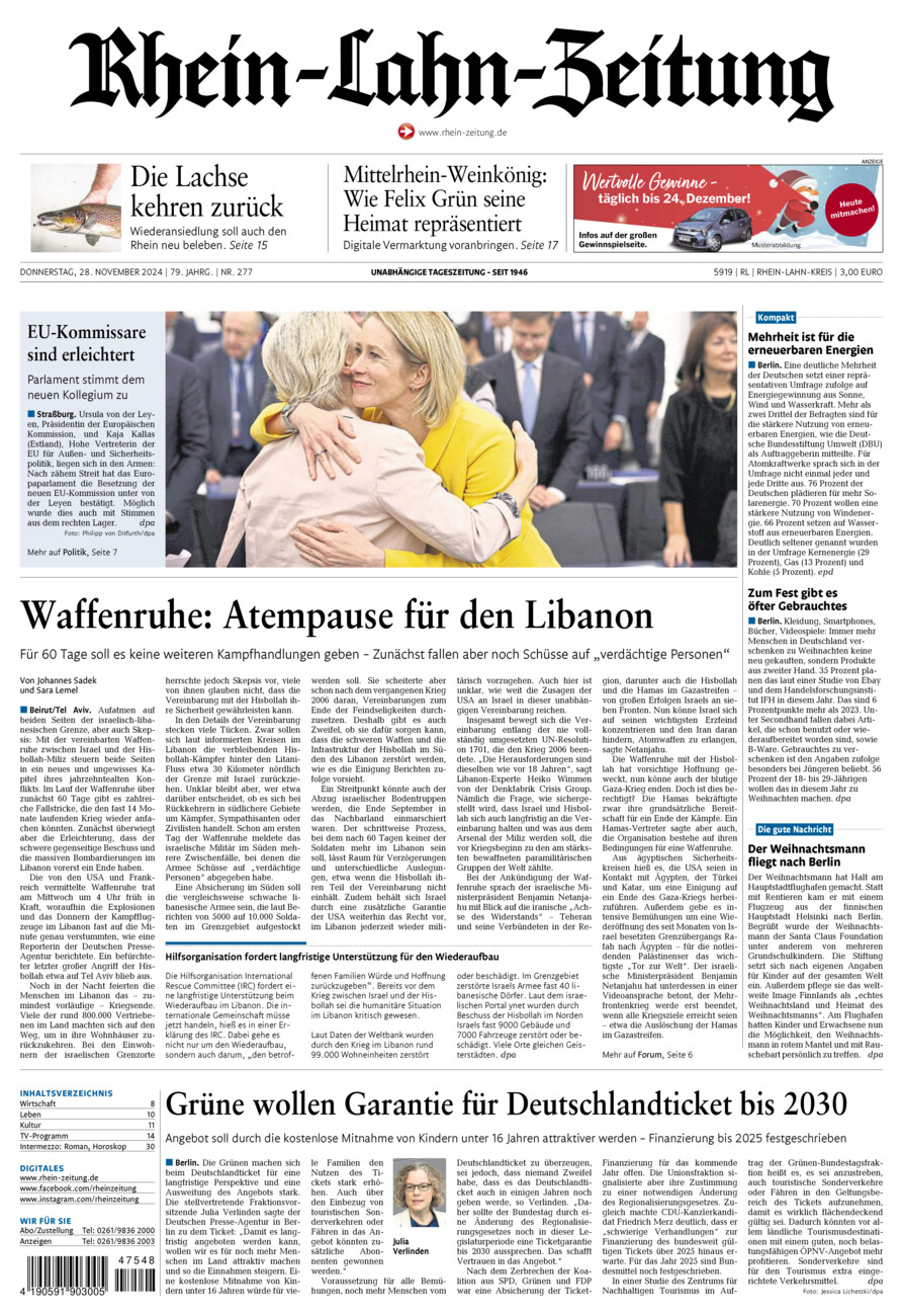 Rhein-Lahn-Zeitung vom Donnerstag, 28.11.2024