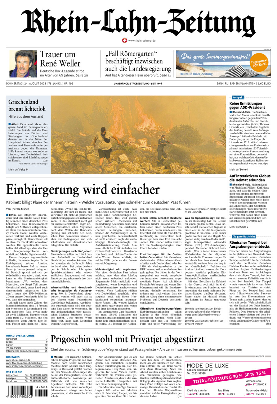 Rhein-Lahn-Zeitung vom Donnerstag, 24.08.2023