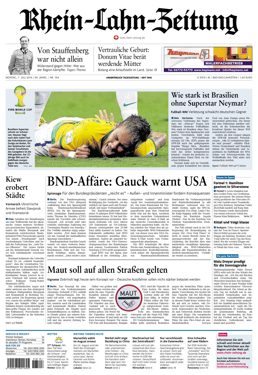 Rhein-Lahn-Zeitung vom Montag, 07.07.2014