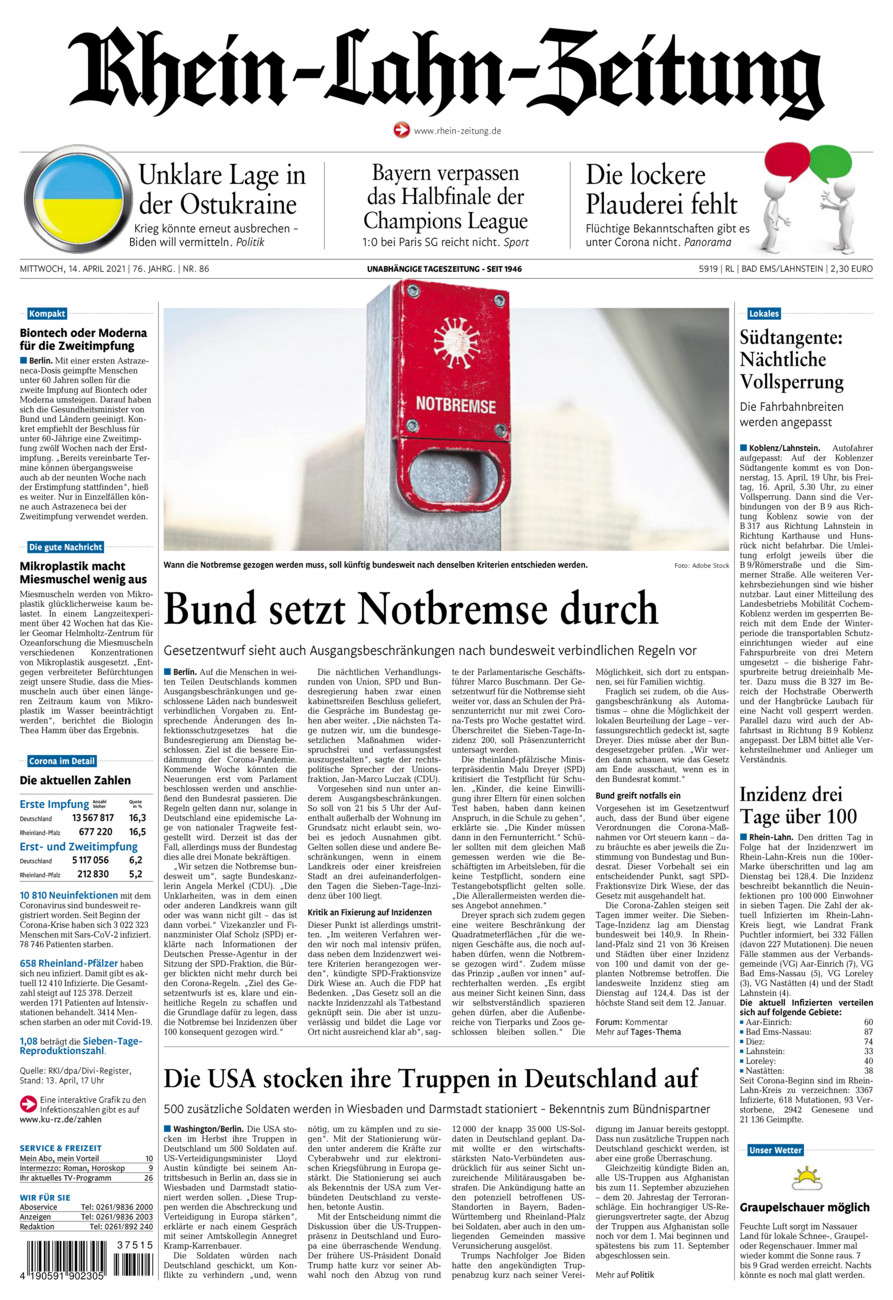 Rhein-Lahn-Zeitung vom Mittwoch, 14.04.2021