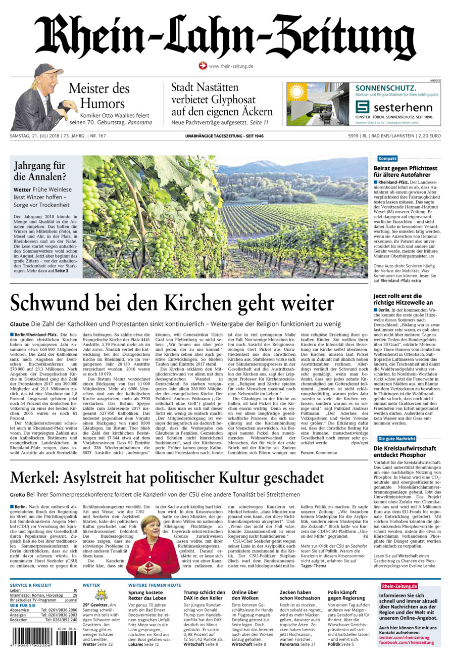 Rhein-Lahn-Zeitung vom Samstag, 21.07.2018