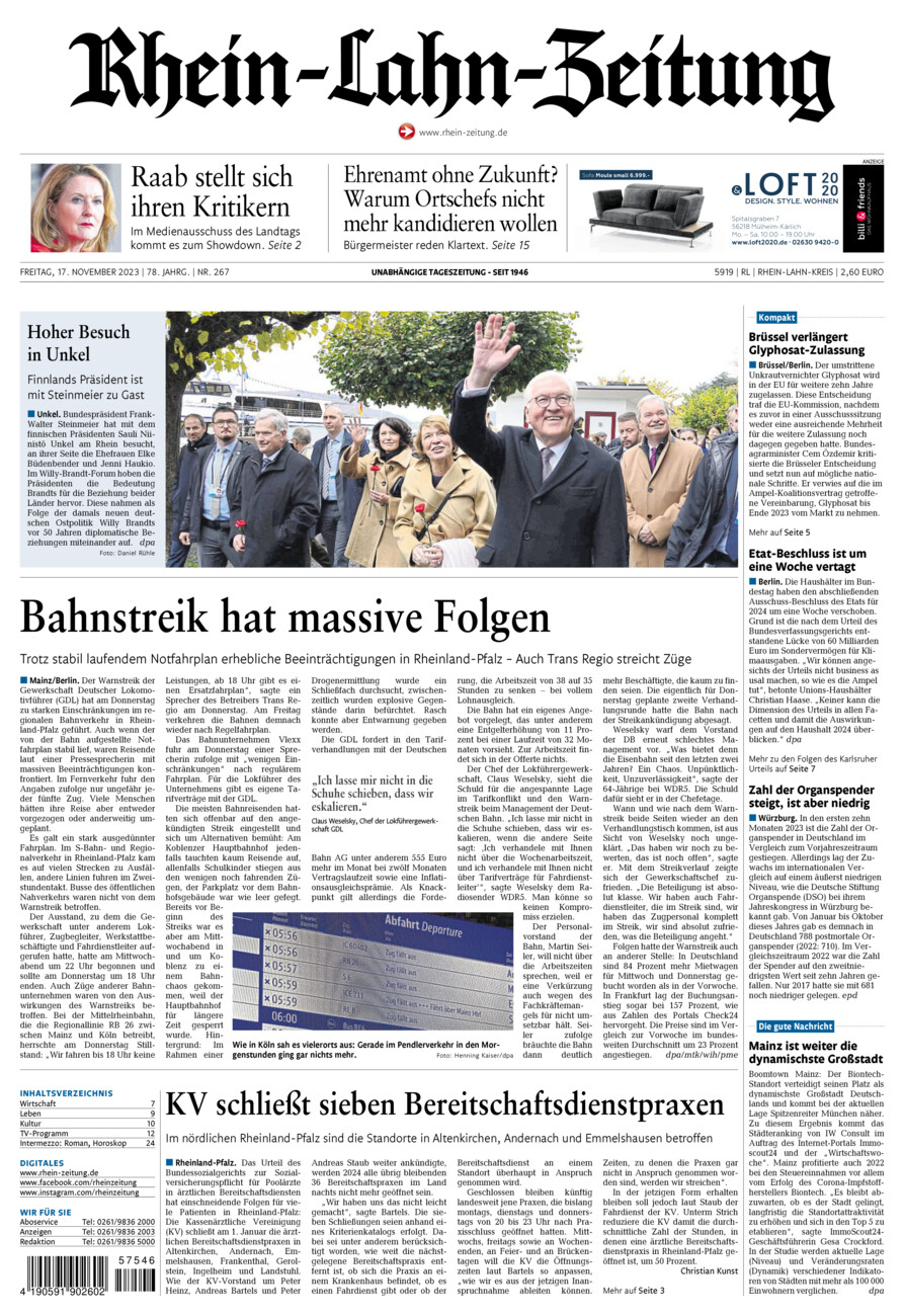 Rhein-Lahn-Zeitung vom Freitag, 17.11.2023