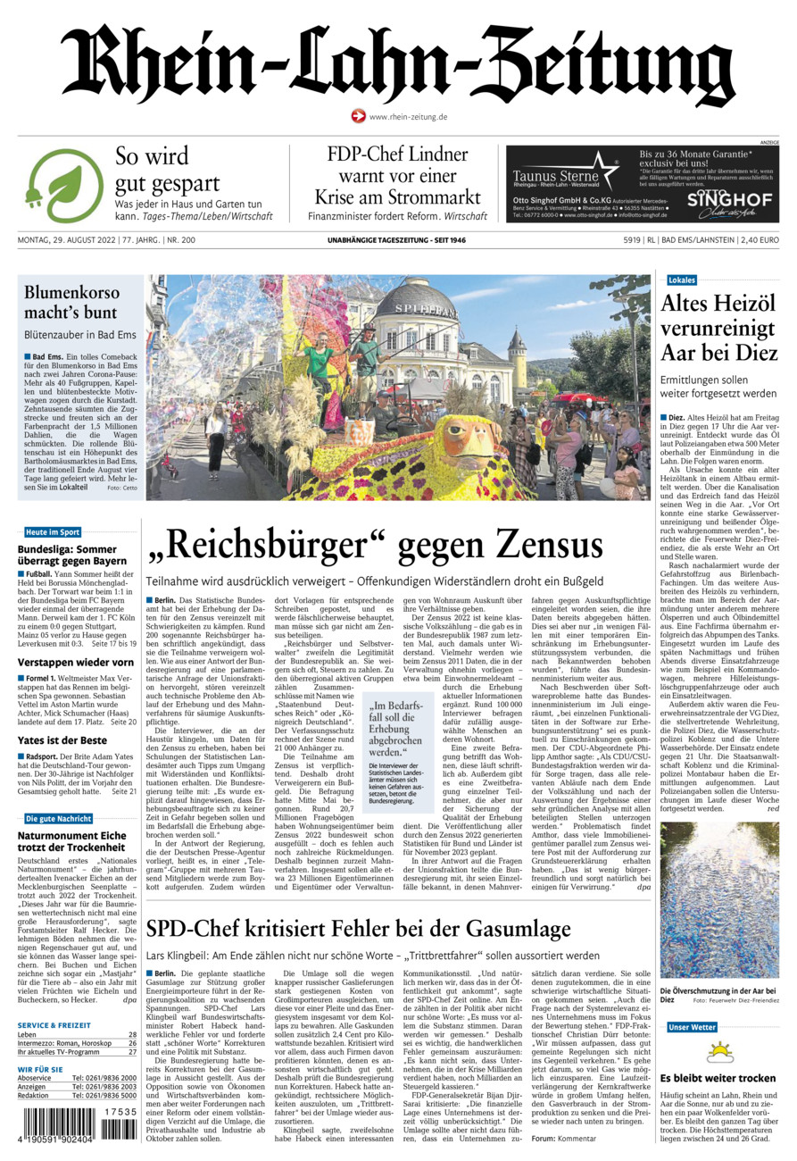 Rhein-Lahn-Zeitung vom Montag, 29.08.2022