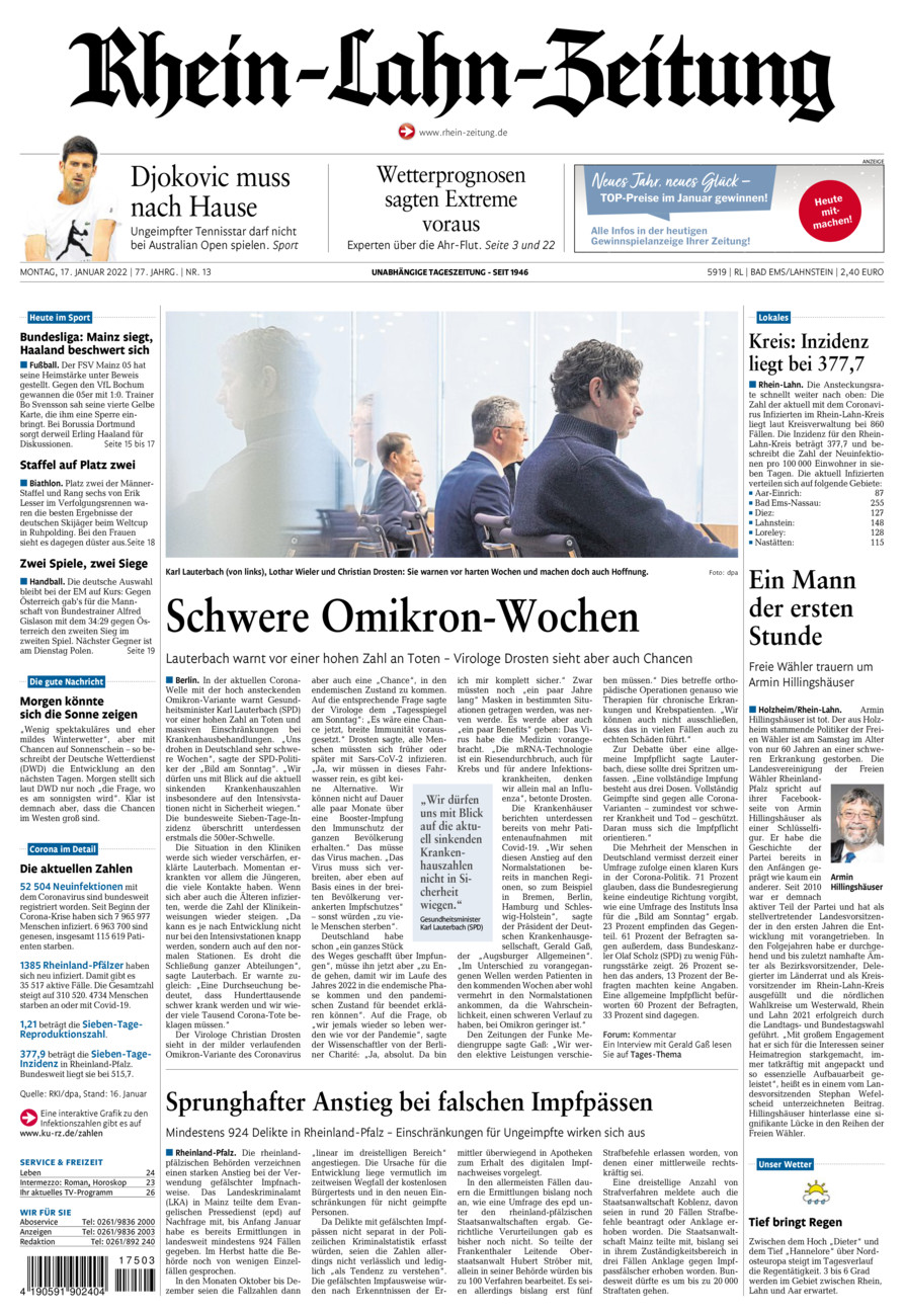 Rhein-Lahn-Zeitung vom Montag, 17.01.2022