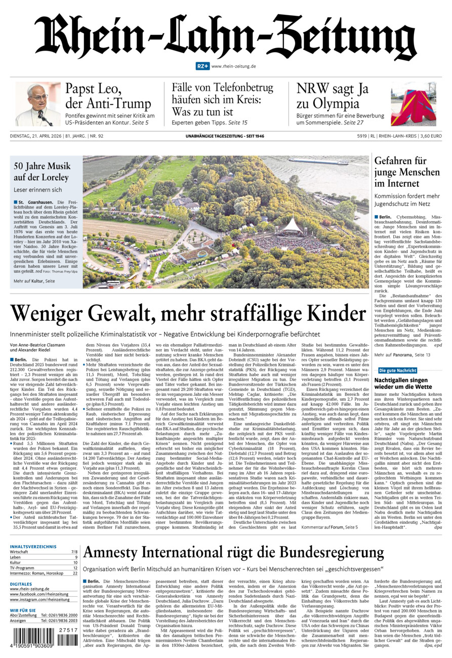Rhein-Lahn-Zeitung vom Dienstag, 21.04.2026