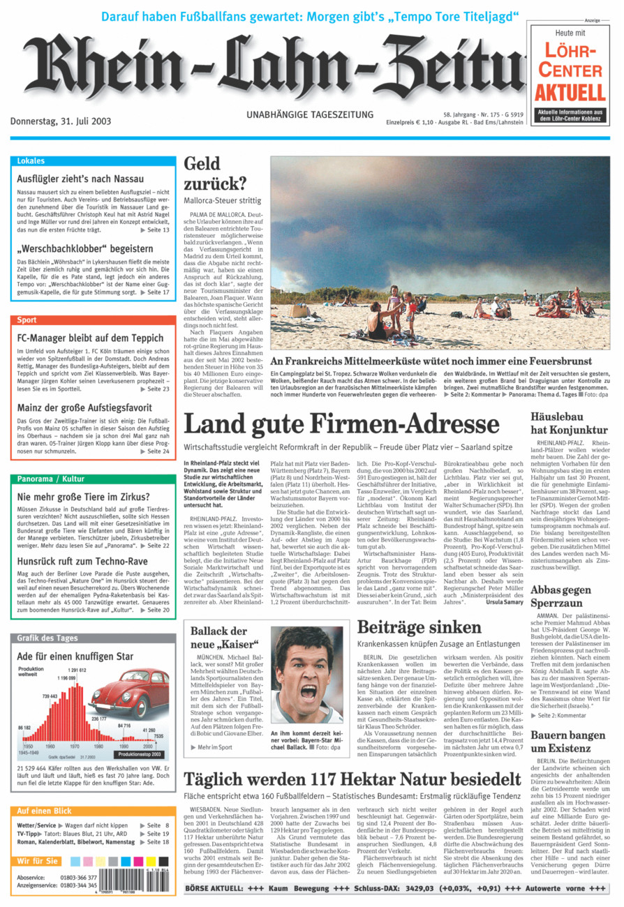 Rhein-Lahn-Zeitung vom Donnerstag, 31.07.2003