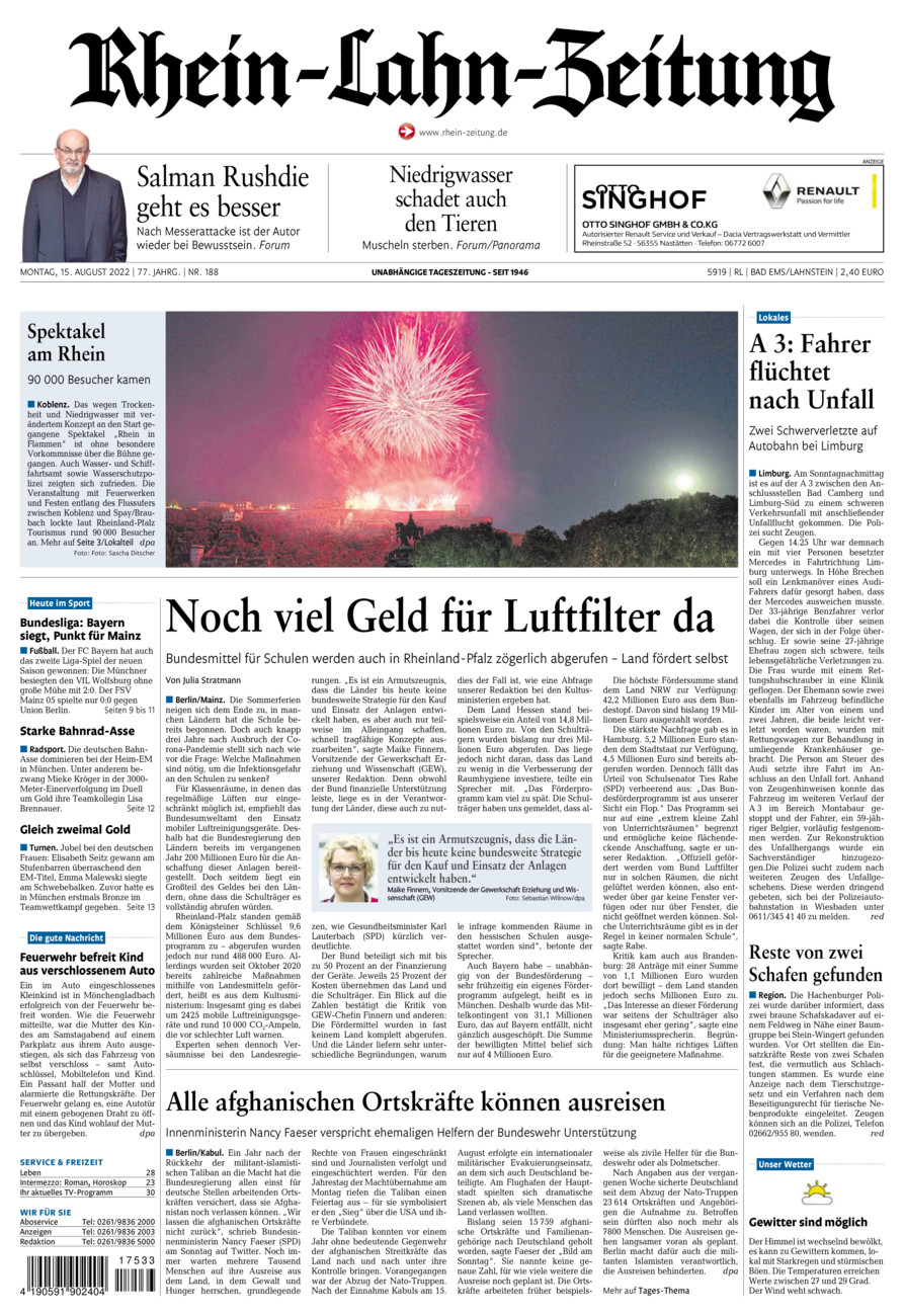 Rhein-Lahn-Zeitung vom Montag, 15.08.2022