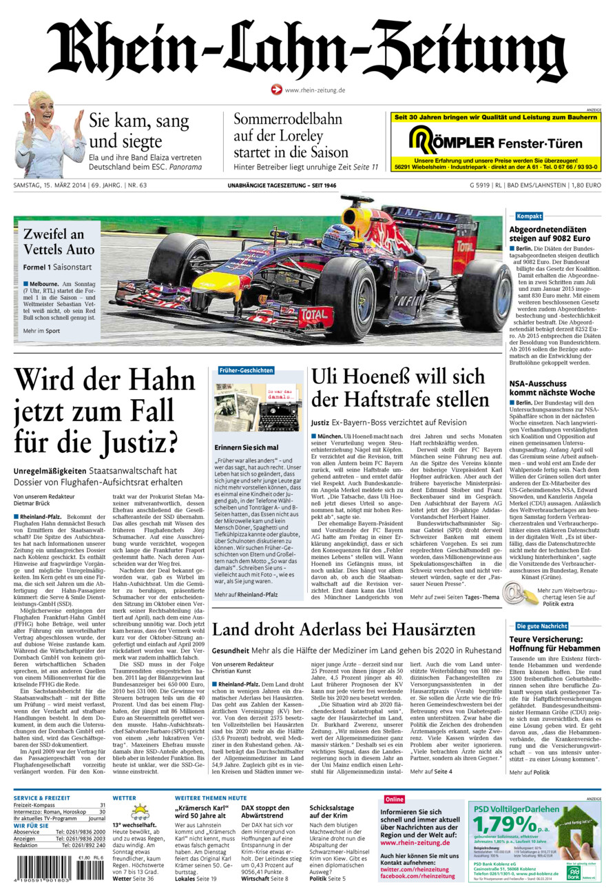 Rhein-Lahn-Zeitung vom Samstag, 15.03.2014