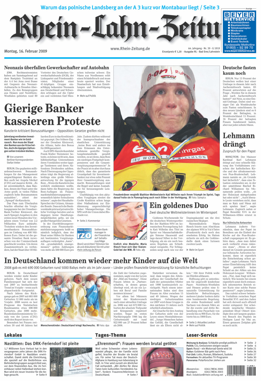 Rhein-Lahn-Zeitung vom Montag, 16.02.2009