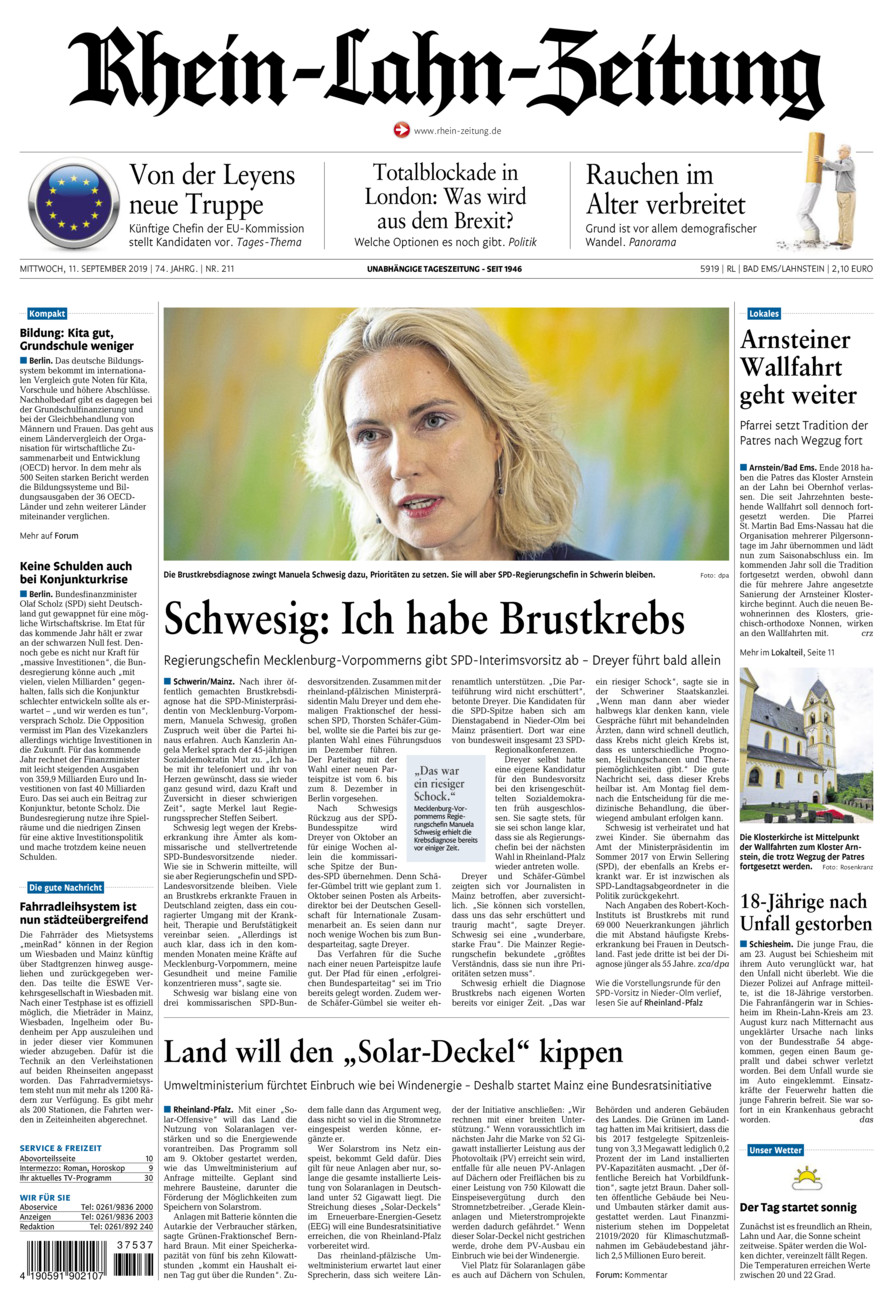 Rhein-Lahn-Zeitung vom Mittwoch, 11.09.2019