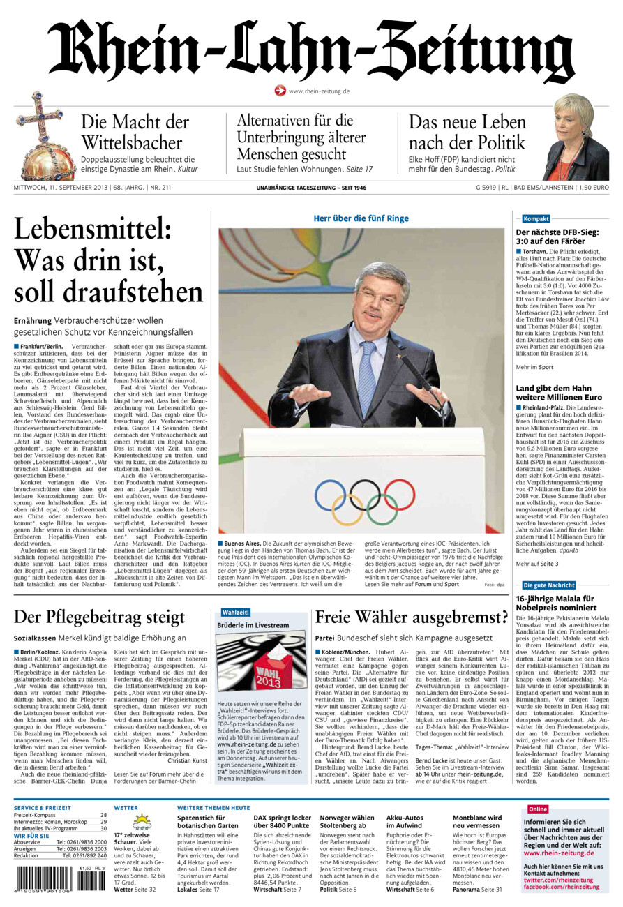 Rhein-Lahn-Zeitung vom Mittwoch, 11.09.2013