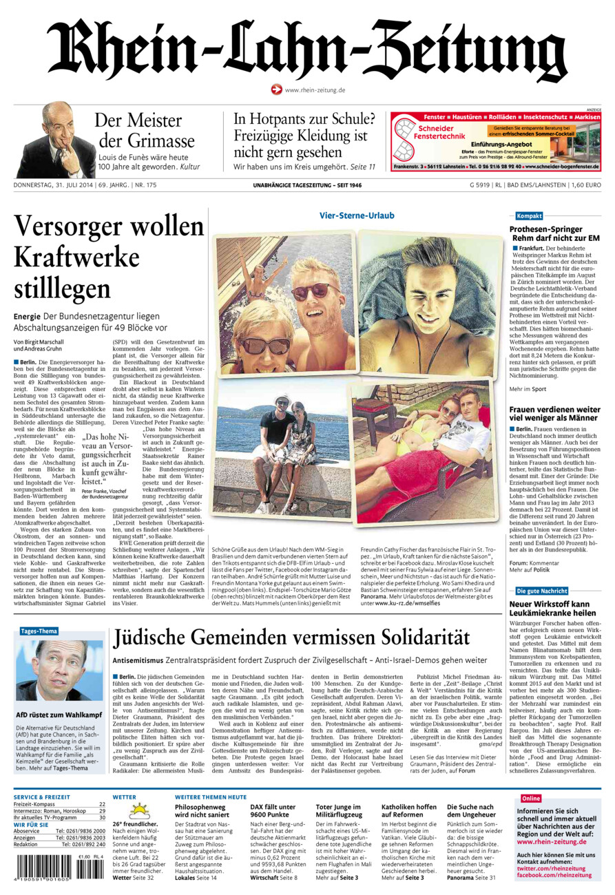 Rhein-Lahn-Zeitung vom Donnerstag, 31.07.2014