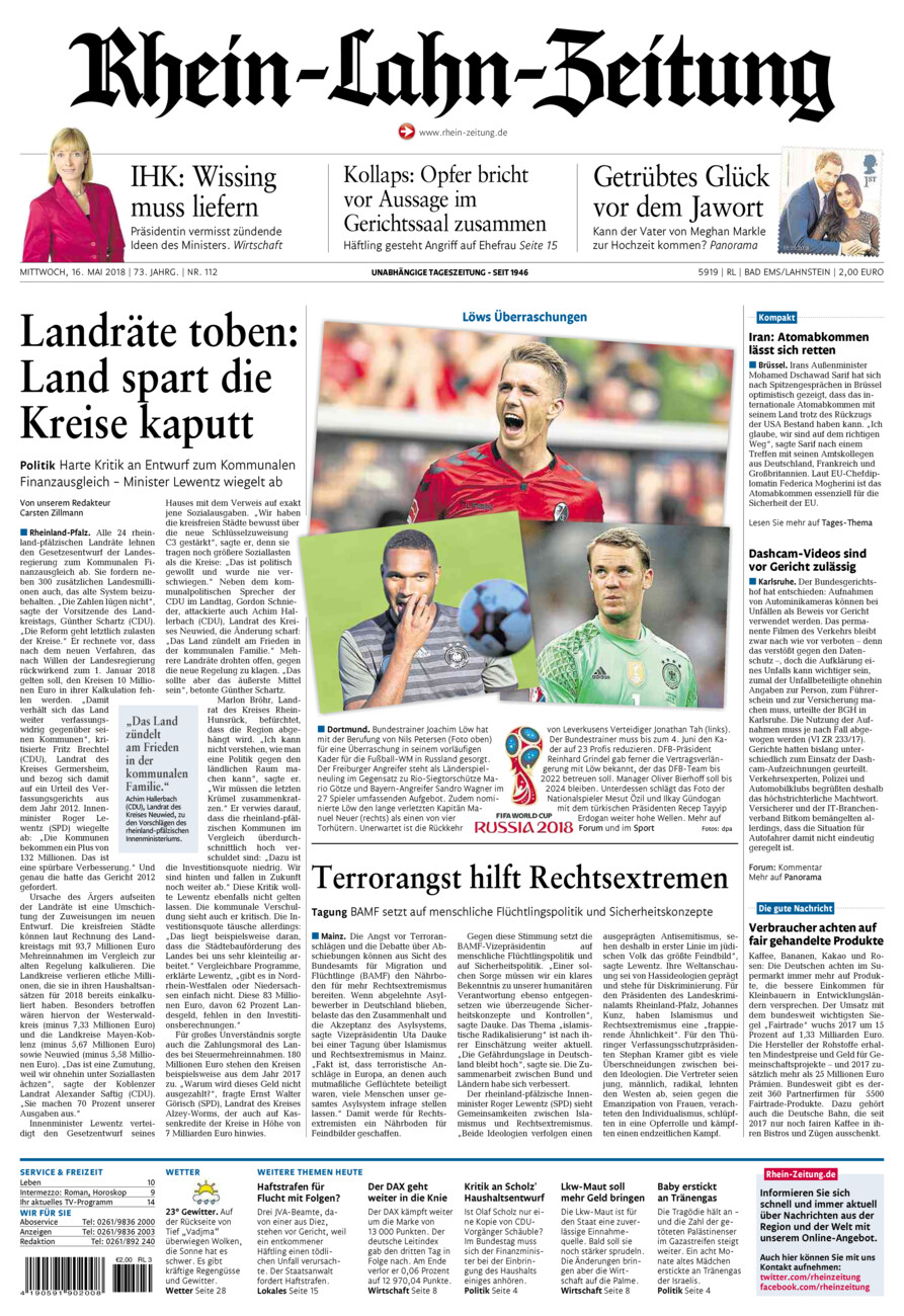 Rhein-Lahn-Zeitung vom Mittwoch, 16.05.2018