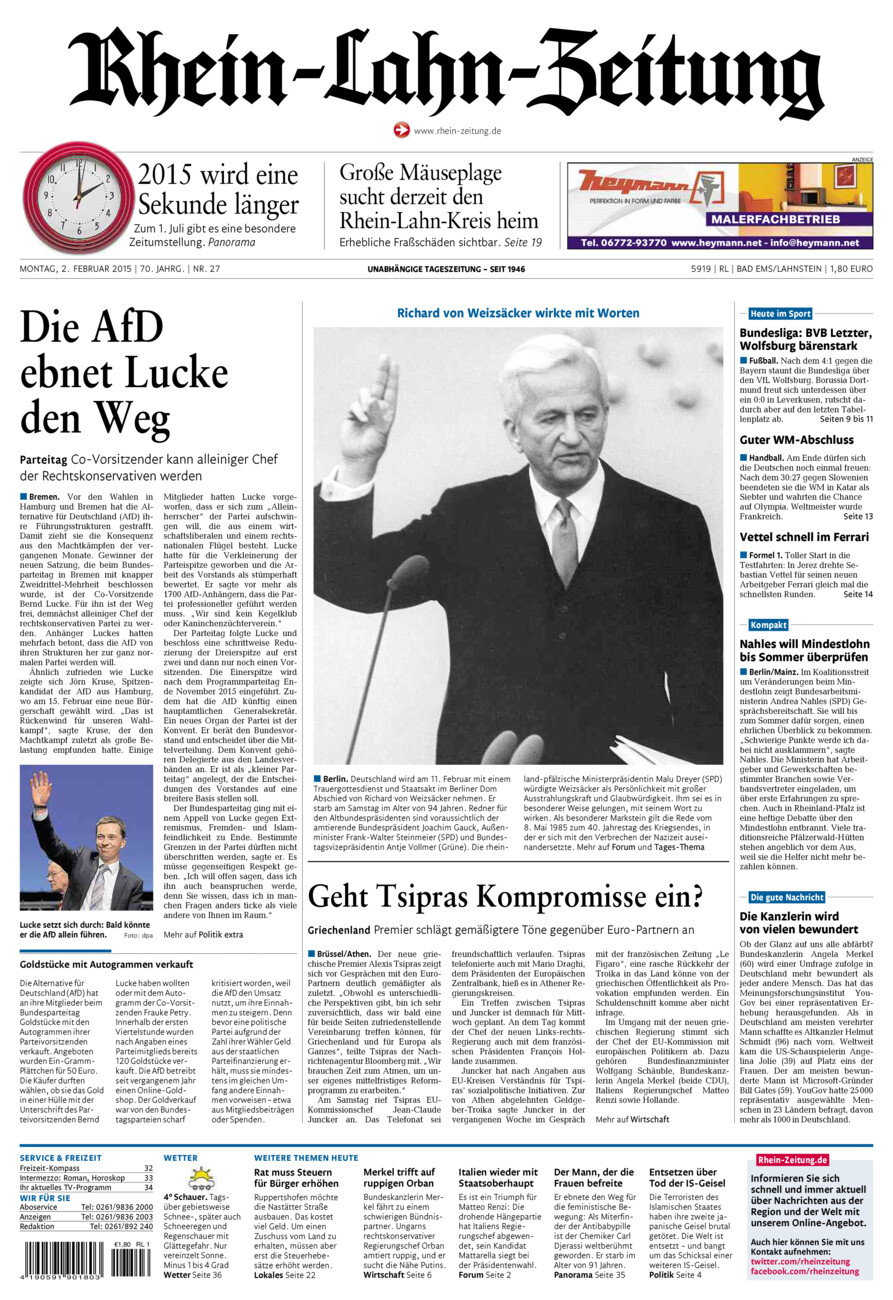 Rhein-Lahn-Zeitung vom Montag, 02.02.2015