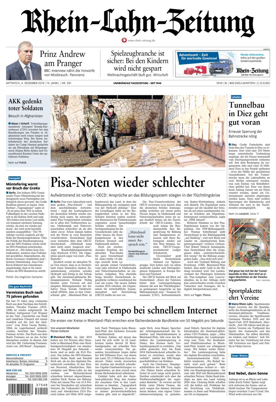 Rhein-Lahn-Zeitung vom Mittwoch, 04.12.2019